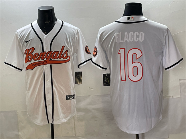 Men's White Cincinnati Bengals #16 Joe Flacco With Patch Cool Base Stitched Baseball Jersey